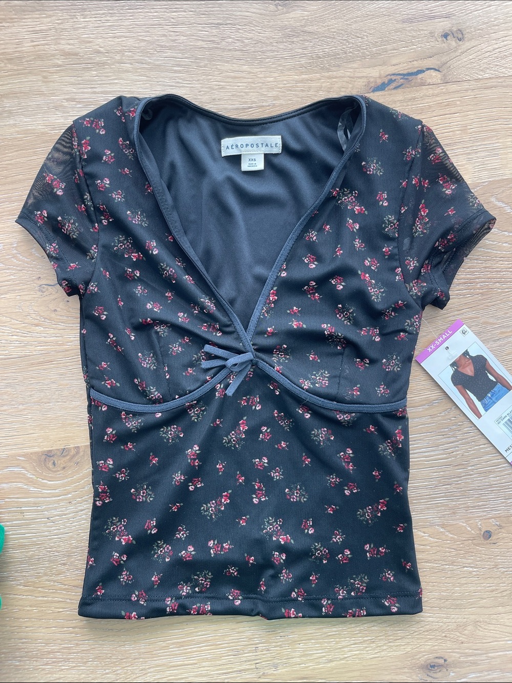 Aeropostale Black Floral Trim Tie-Front Top